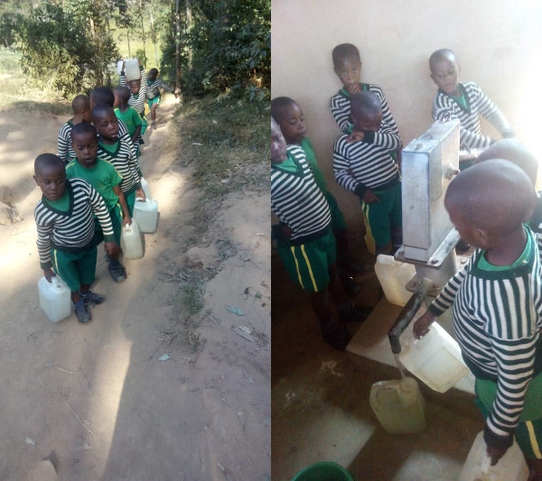 Split image of children carrying water and of children drawing water from the bore hole.